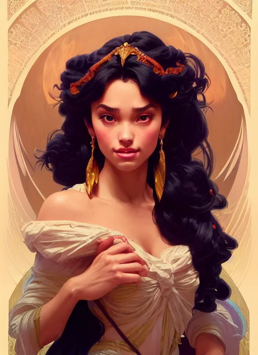 Image similar to portrait of disney esmeralda, intricate, elegant, highly detailed, my rendition, digital painting, artstation, concept art, smooth, sharp focus, illustration, art by artgerm and greg rutkowski and alphonse mucha and uang guangjian and gil elvgren and sachin teng, symmetry!!