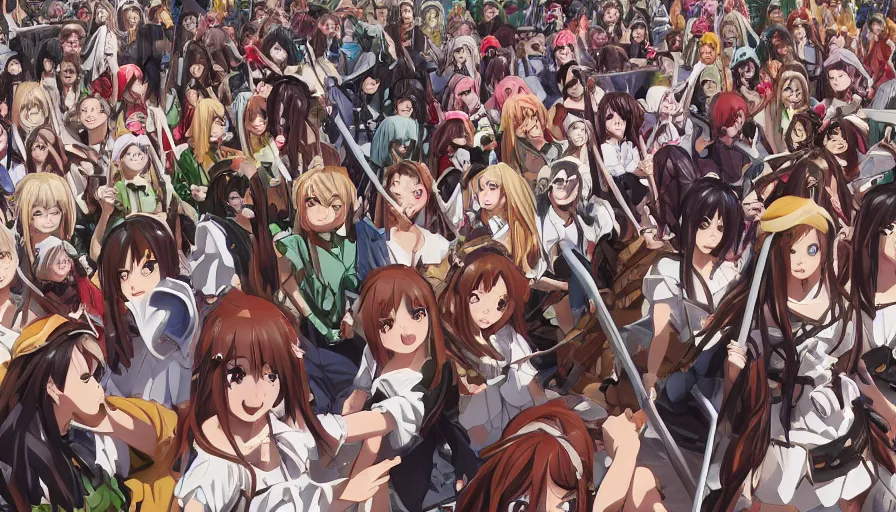 Prompt: jesus christ our lord standing in the front leading an army of cute anime girls into battle, photorealistic, anime, realistic faces, mini skirt, long hair, lightly dressed, renaissance painting, hyper real, detailed, closeup shot, ultra detailed