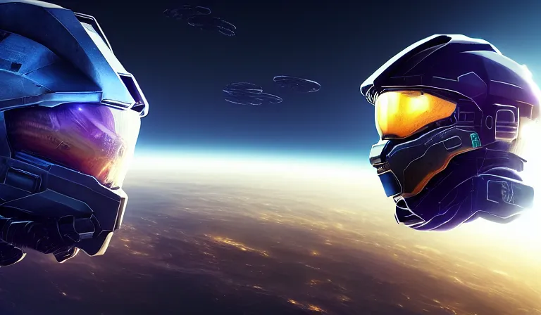Image similar to cyberpunk halo helmet floating in space with reflections, epic, dramatic, photorealistic, award winning, 8k,
