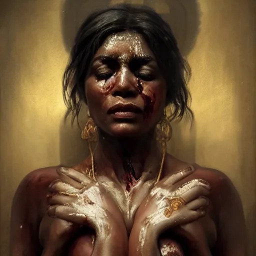 Prompt: portrait painting of a black muscular bloodied indian middle aged woman bathing, ultra realistic, concept art, intricate details, eerie, horror, highly detailed, photorealistic, octane render, 8 k, unreal engine. art by artgerm and greg rutkowski and alphonse mucha