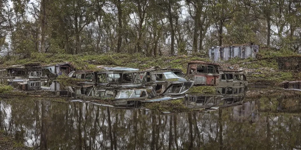 Prompt: an old decayed factory with holes in the roof where rain is leaking and puddles on the floor show reflections of 1 9 0 0's abandoned cars left to rot in an overgrown factory, rusty, moss covered ultra detail, unreal 5