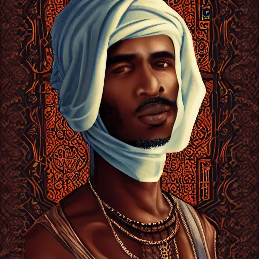 Prompt: east african man, curly hair, muslim man, somali attire, vintage, symmetrical, nostalgic, peaceful, digital painting, intricate details, sharp focus