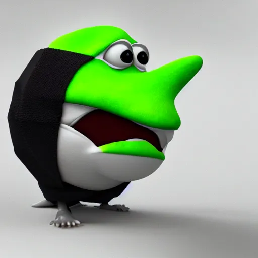 Image similar to a sadge - sad - pepe - the - ninja, looking more depressed than usual, quivering lips, fists in the air, sweat flying, cgi render, zbrush, octane, keyshot render