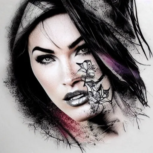 Image similar to double - exposure tattoo sketch of megan fox blended in beautiful mountains, in the style of dan mountford