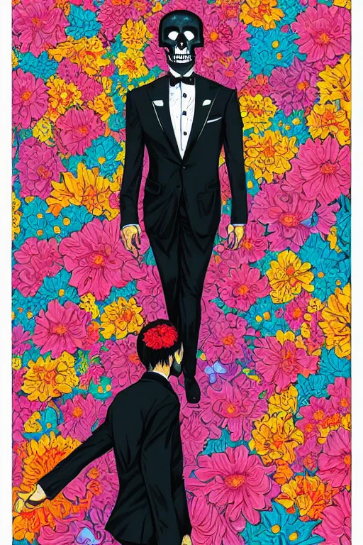 Image similar to large skull painted with vivid flowers on a black suit and tie by Jen Bartel and Dan Mumford and Satoshi Kon, gouache illustration