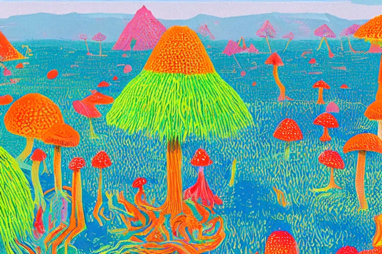 Prompt: a crystal and mushroom ridden world, extinct species, epic land formations, detailed, wide shot, created by david hockney. - h 4 0 0