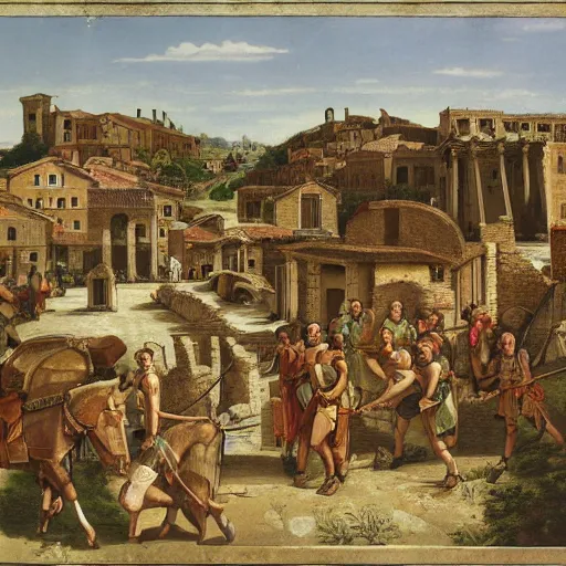 Prompt: roman village during invasion with trojan horse