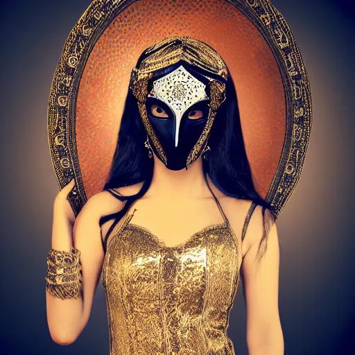 Image similar to fantasy arabian woman with mask, portrait photo, studio light, hdr, commercial shot