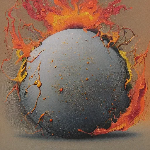 Image similar to a sphere being devoured by abstract splatters of paint in the style of francis bacon, venus being engulfed in flames in the style of james jean, surreal, beksinski, high detailed