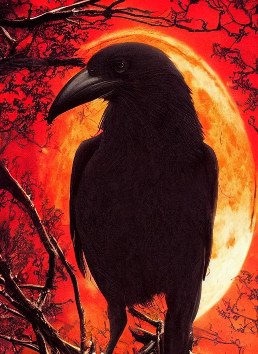 Image similar to red and golden color details, portrait, A crow with red eyes in front of the full big moon, book cover, red tree, red white black colors, establishing shot, extremly high detail, foto realistic, cinematic lighting, by Yoshitaka Amano, Ruan Jia, Kentaro Miura, Artgerm, post processed, concept art, artstation, raphael lacoste, alex ross, portrait, A crow with red eyes in front of the full big moon, book cover, red roses, red white black colors, establishing shot, extremly high detail, photo-realistic, cinematic lighting, by Yoshitaka Amano, Ruan Jia, Kentaro Miura, Artgerm, post processed, concept art, artstation, raphael lacoste, alex ross