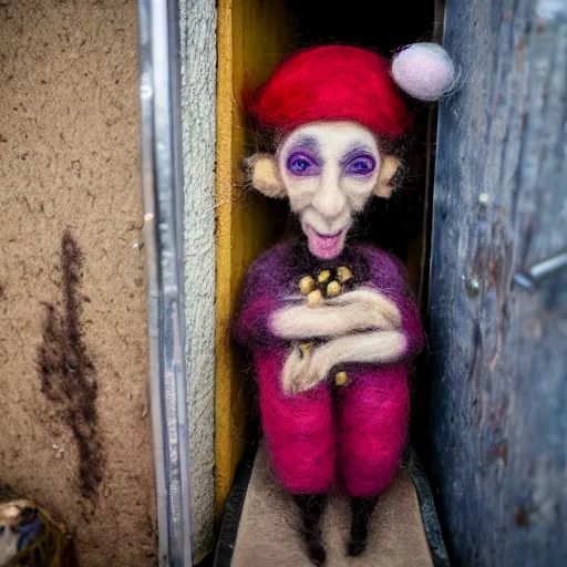 Image similar to photo of a life sized needle - felted 2 0 0 year old wrinkly crone covered in warts sitting behind a needle felted dumpster in a needle felted alley way with low soft light