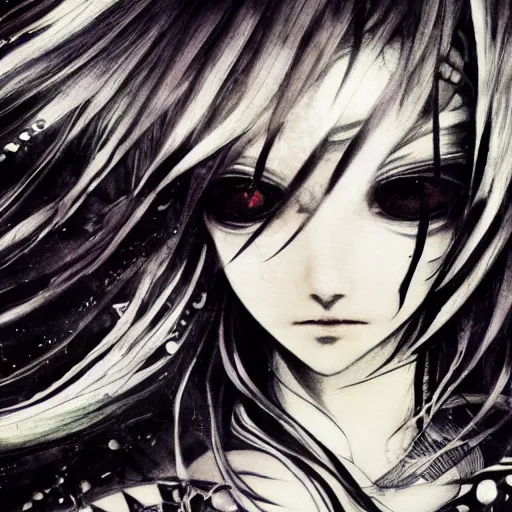 Image similar to Yoshitaka Amano blurred and dreamy illustration of an anime girl with pirate eye patch, wavy white hair and cracks on her face wearing Elden ring armour with the cape fluttering in the wind, abstract black and white patterns on the background, noisy film grain effect, highly detailed, Renaissance oil painting, weird portrait angle