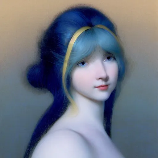 Image similar to young woman's face, her hair is white and she wears a cobalt blue satin cloak, by ivan aivazovsky and syd mead and moebius and gaston bussiere and roger dean and wojciech siudmak and pieter claesz and paul delaroche and alma tadema and aelbert cuyp, hyperrealistic, volumetric light, octane render