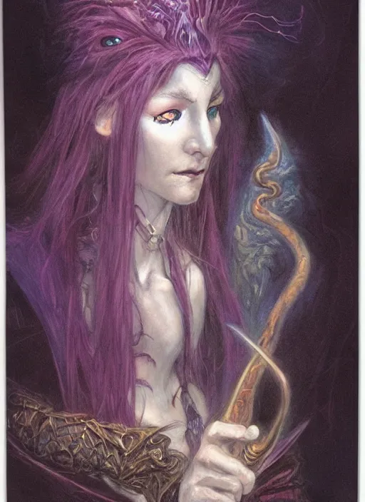 Image similar to portrait of young female sorceress of the endtimes, beautiful! coherent! dungeons and dragons character, by brian froud, strong line, cool night color, high contrast