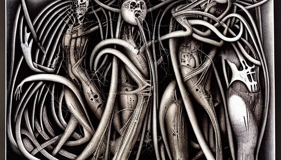 Image similar to the two complementary forces that make up all aspects and phenomena of life, by HR Giger