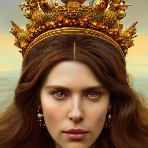 Prompt: a portrait of an queen, long brown hair, royal, queen crown, digital painting, artstation, concept art, donato giancola, Joseph Christian Leyendecker, WLOP, Boris Vallejo, Breathtaking, 8k resolution, extremely detailed, beautiful, establishing shot, artistic, hyperrealistic, beautiful face, octane render, cinematic lighting, dramatic lighting, masterpiece