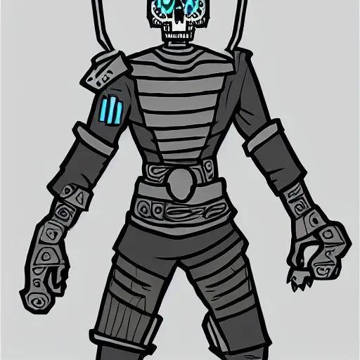 Prompt: a cyberpunk skull character drawn in the style of samurai jack