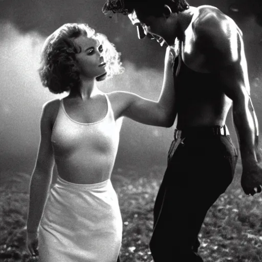 Image similar to dirty dancing poster with young arnold schwarzenegger dancing with jennifer lawrence in the rain, beautiful white wet dress, 5 0 mm cinema shot, beautiful light, best lense, 9 0 s romantic movie, 4 k