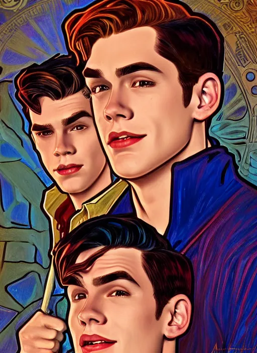 Prompt: oil portrait of archie andrews and jughead jones, intricate, elegant, highly detailed, lighting, painting, artstation, smooth, illustration, art by greg rutowski and alphonse mucha