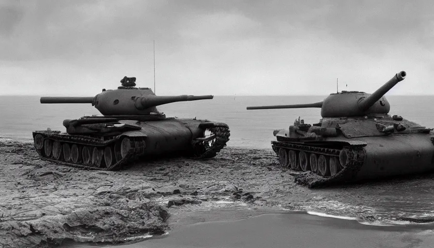 Image similar to old black and white 4 0's photos of world war 2 showing tanks with laser canons on omaha beach, hyperdetailed, artstation, cgsociety, 8 k