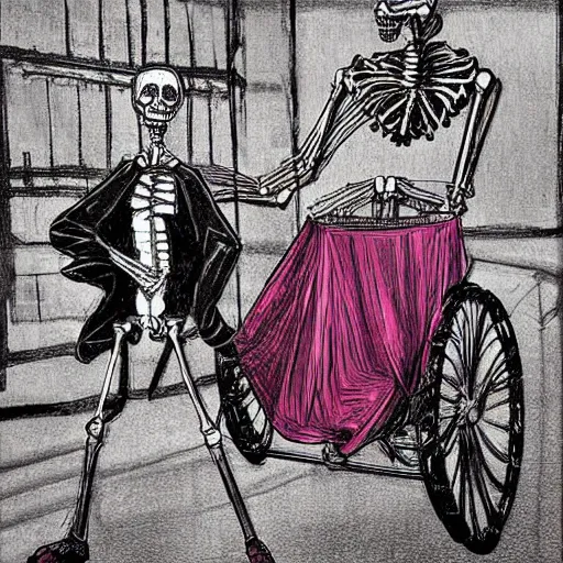 Prompt: The digital art features a human figure driving a chariot. The figure is skeletal and frail, with a large head and eyes. The chariot is pulled by two animals, which are also skeletal and frail. magenta by Adrian Tomine, by Vittorio Matteo Corcos distorted, intuitive