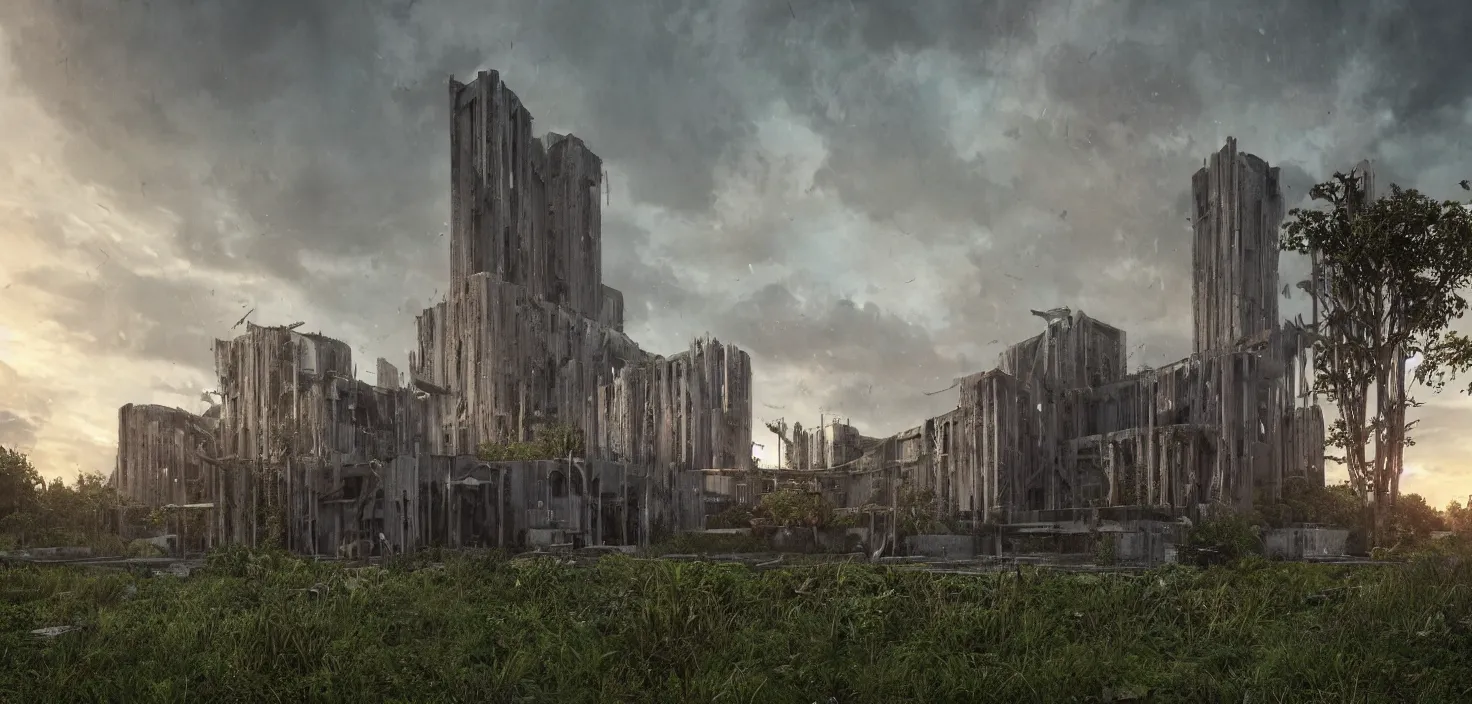 Image similar to an extremely detailed cathedral of brutalist architecture, surrounded by lush green vegetation, stunning volumetric lighting, sunset, rusted metal, concrete, translucent material, stunning skies, scattered rubbish and debris, 8k, photorealistic, hyper detailed, unreal engine 5, IMAX quality, cinematic, epic lighting, digital painting in the style of DOOM and Quake, by Greg Rutkowski, trending on Artstation