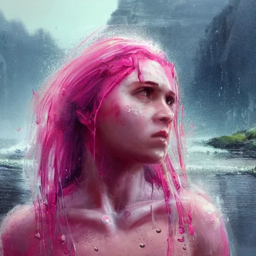 Image similar to an beautiful female survivor wearing a pink shirt, goddess, wet flowing hair, blurry backround, artstation, matte painting, made by greg rutkowski, concept art, epic portrait, 8 k, insanely detailed,