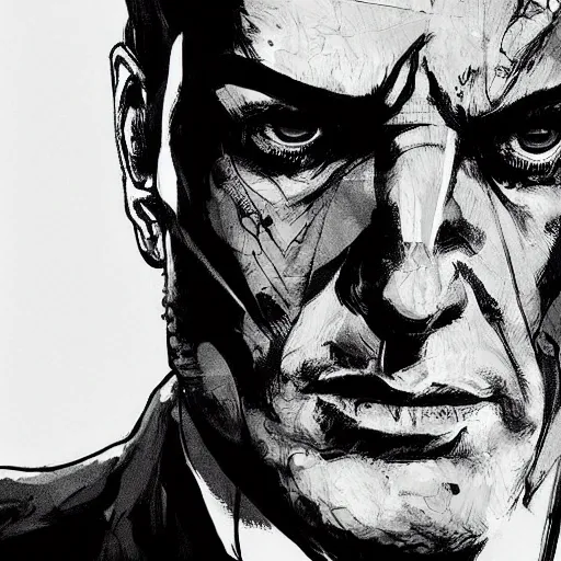 Image similar to cinematic portrait of silvio berlusconi, metal gear solid style, artwork by yoji shinkawa, illustration, black and white, concept art, intricate details, trending on artstation