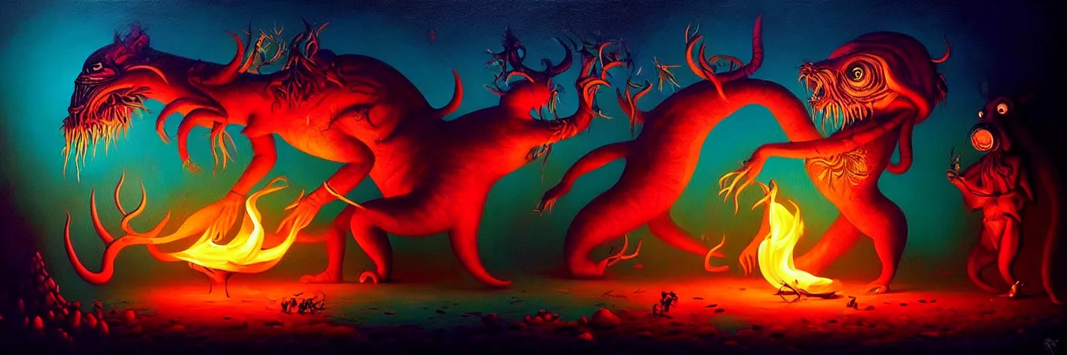 Image similar to whimsical creature freaks from the depths of the collective unconsciouis, dramatic lighting from fire glow, surreal darkly colorful painting by ronny khalil