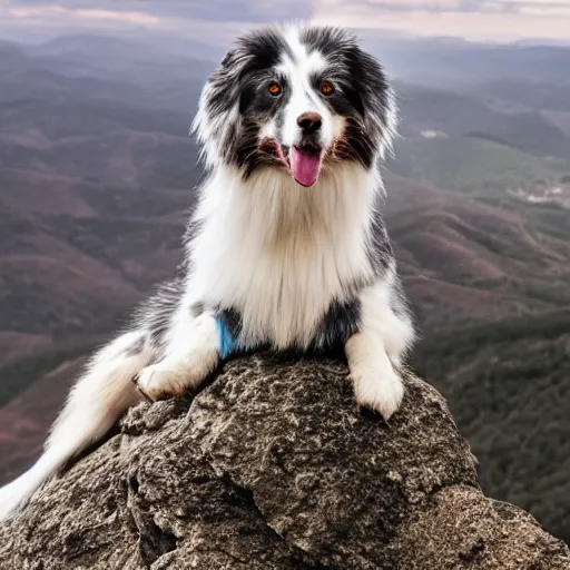 Prompt: blue Merle Australian shepard on top of a mountain