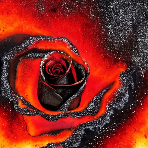 Prompt: award - winning macro of a beautiful black rose made of molten magma and nebulae on black background by harold davis, georgia o'keeffe and harold feinstein, highly detailed, hyper - realistic, fiery texture, inner glow, trending on deviantart, artstation and flickr, nasa space photography, national geographic