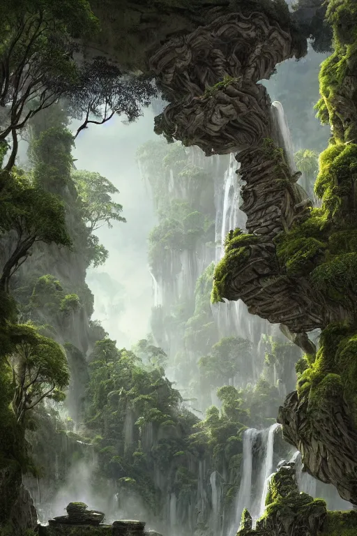 Image similar to carved into the Rock a citadel-temple , gnarly trees, lush vegetation, forrest, a small stream runs beneath the waterfall, landscape, raphael lacoste, eddie mendoza, alex ross, concept art, matte painting, highly detailed, rule of thirds, dynamic lighting, cinematic, detailed, denoised, centerd