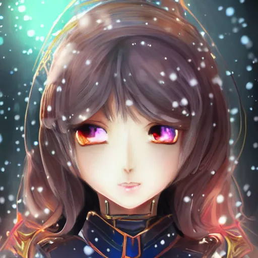 Image similar to portrait focus of knight beautiful 3D anime girl, poring armor wearing, dark forest background, snowing, bokeh, inspired by Masami Kurumada, digital painting, high contrast, unreal engine render, volumetric lighting, high détail