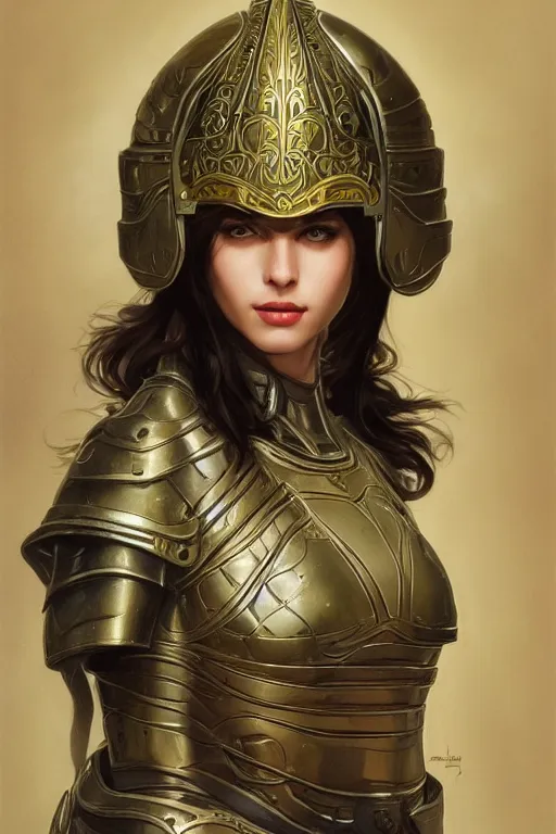 Prompt: attractive young girl, ornate metallic helmet, battle armor, olive skin, long dark hair, beautiful bone structure, elegant, highly detailed, digital painting, trending on Artstation, concept art, smooth, sharp focus, illustration, art by Gerald Brom and James Gurney and alphonse mucha