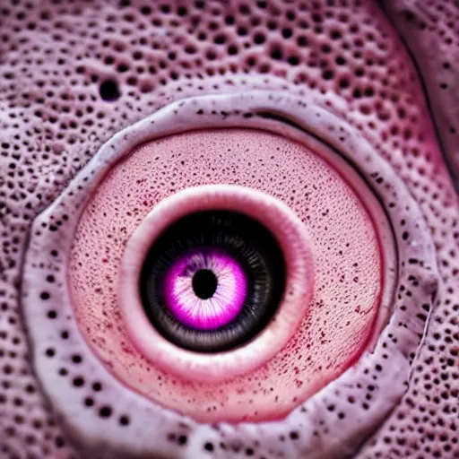 Prompt: a close up of a pink animal's eye, a macro photograph by Otto Pilny, featured on zbrush central, pop surrealism, macro photography, macro lens, trypophobia