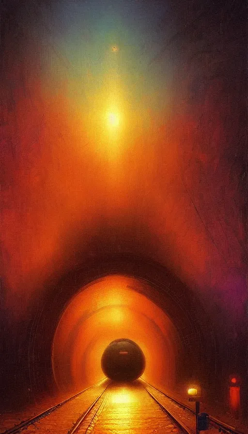 Image similar to a train driving through a psychedelic tunnel, by ivan aivazovski,