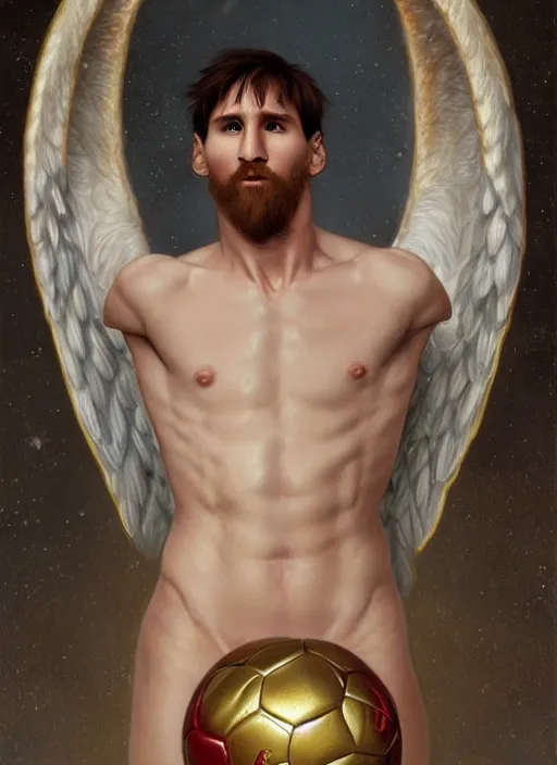 Image similar to portrait lionel messi male beautiful angel, full length shot, shining, 8 k highly detailed, sharp focus, illustration, art by artgerm, mucha, bouguereau