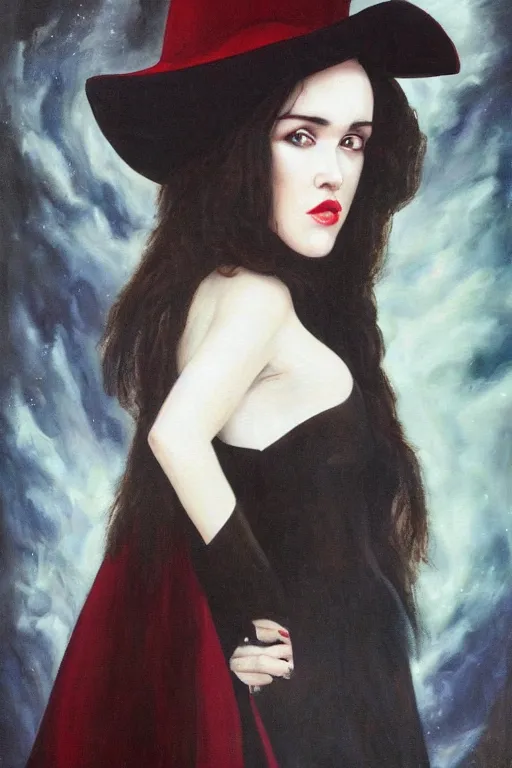 Image similar to hyperrealism oil painting, close - up portrait of isabelle adjani medieval brunette vampire fashion model, knight, steel gradient mixed with nebula sky, in style of baroque