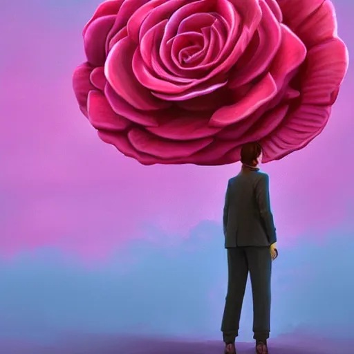 Image similar to closeup, giant rose flower head, frontal, girl in a suit, surreal photography, sunrise, dramatic light, impressionist painting, digital painting, artstation, simon stalenhag