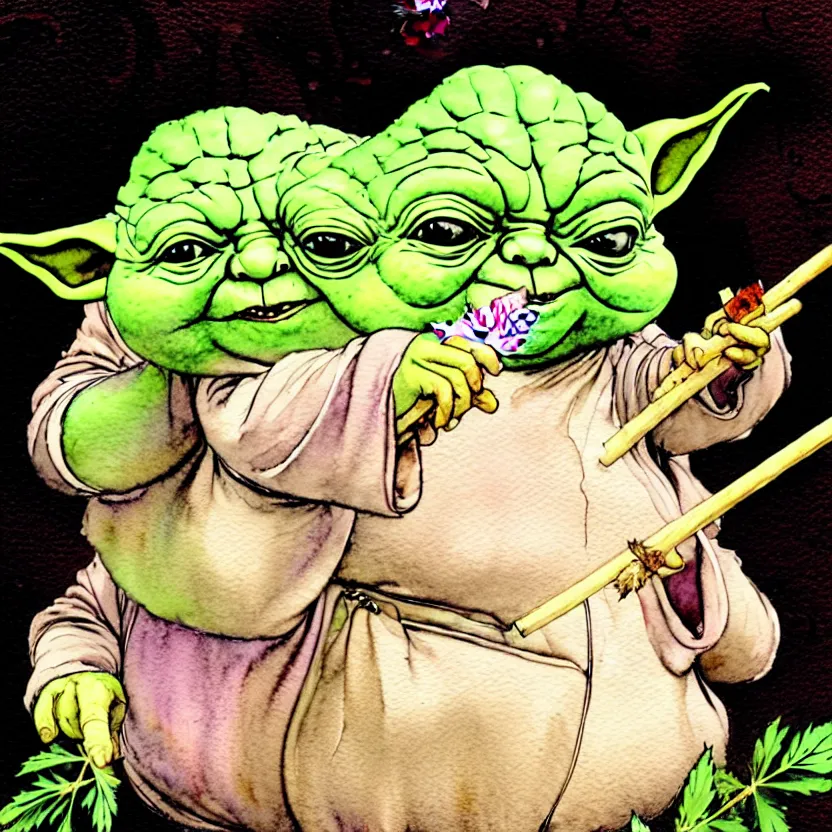 Image similar to a realistic and atmospheric watercolour fantasy character concept art portrait of a fat chibi yoda with pink eyes smiling and holding a blunt with a pot leaf nearby, by rebecca guay, michael kaluta, charles vess and jean moebius giraud