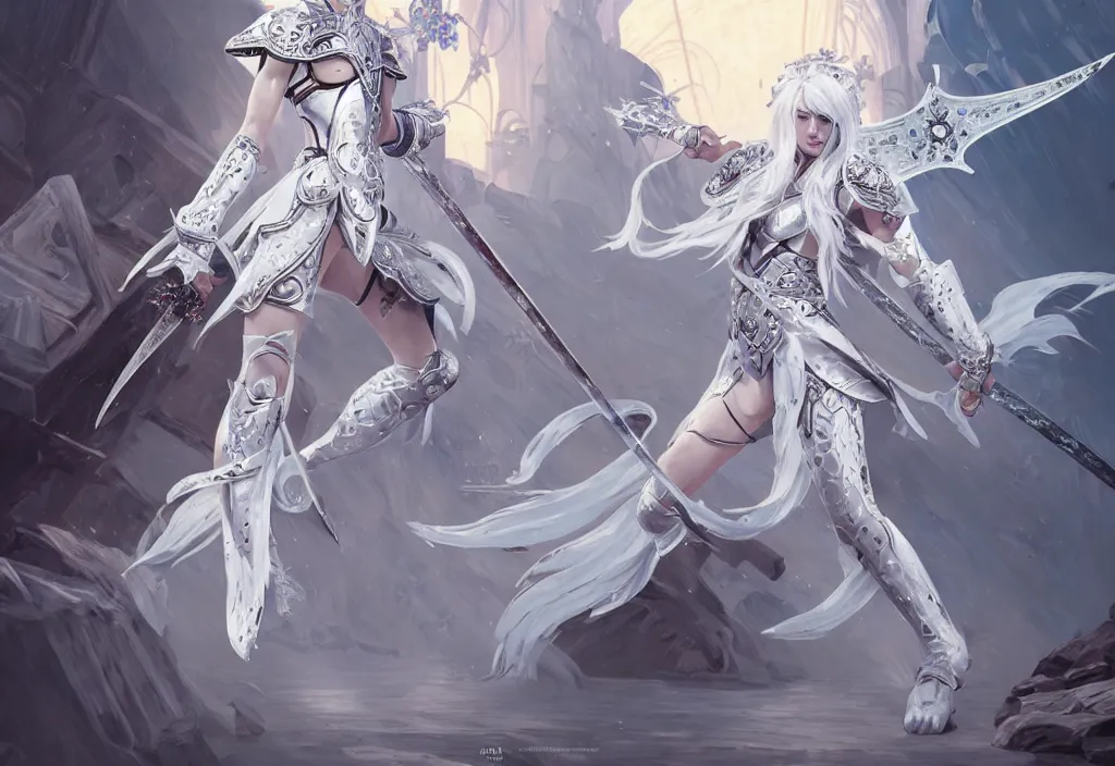 Image similar to white hair knights of zodiac girl matt white ice color armor, dueling, kickboxing, battle stance, wielding sci - fi melee weapons in ruined agora of athens sunrise, intricate and elegant, highly detailed, digital painting, artstation, concept art, smooth and sharp focus, illustration, art by tian zi and wlop and alphonse mucha