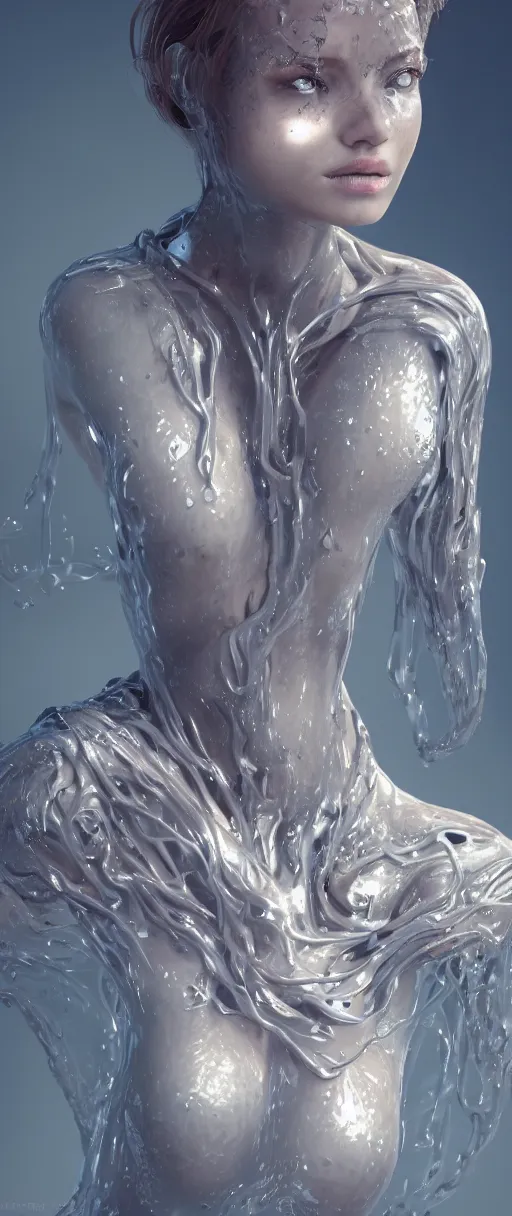 Prompt: a highly detailed digital image of an elegantly posed futuristic woman beautifully intertwined in liquid like leaves, full body shot, by Andrew Chiampo, artstation, and Frederik Heyman, extremely detailed woman, stunning volumetric lighting, hyper realism, unreal engine, fantasy 4k