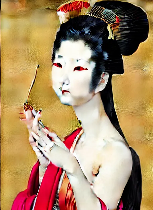 Prompt: sexy glamorous young Geisha portrait, beautiful pale makeup, pearlescent skin, elegant pose, very detailed, highly detailed kimono, photorealism, sharp focus, soft diffuse autumn lights, some sunlight ray, zen temple background, painted by Leonardo da vinci and moebius and Boucher