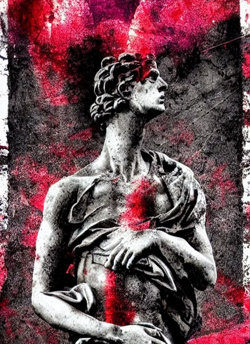 Prompt: dark design poster showing a greco roman statue, death, black background with very subtle red and purple design elements, powerful, nekro, vito acconci, thin straight lines, dark, glitch art, neo vaporwave, gritty, layout frame, square, trending on artstation