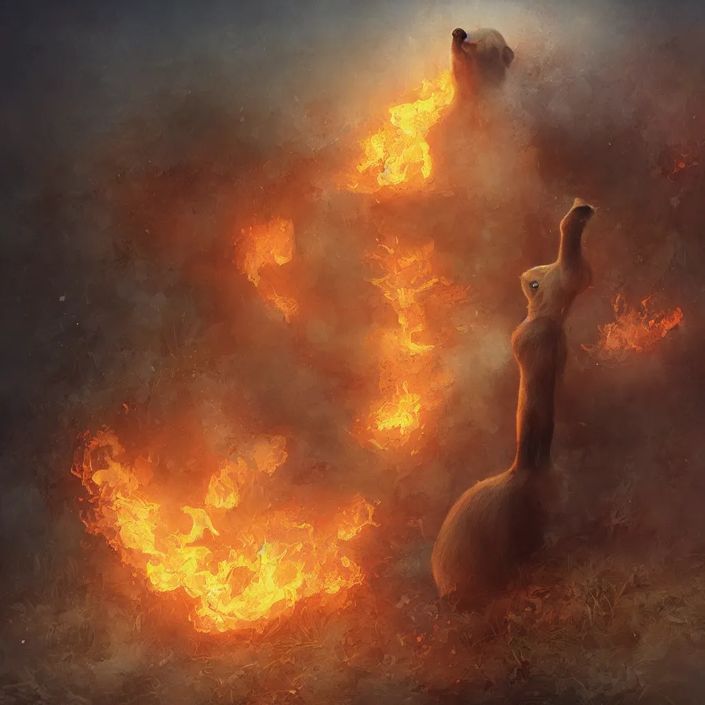 Prompt: only one singular capybara engulfed in flames, wetlands as background, digital oil painting in the style of Tom Bagshaw, Cedric Peyravernay, Peter Mohrbacher