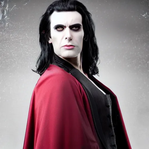 Image similar to a vampire, male, late - 4 0 s aged, long, slicked black hair, clean shaven, wearing a cape, regal, royal, grim facial expression, high medieval fantasy, full color digital art, cinematic shot, full body shot.