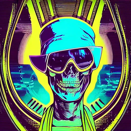 Prompt: portrait of skeletor with light blue shutter shades in front of a sunset, a dark purple leather jacket, vector art by jan tengnagel, pixabay contest winner, retrofuturism, retrowave, synthwave, outrun