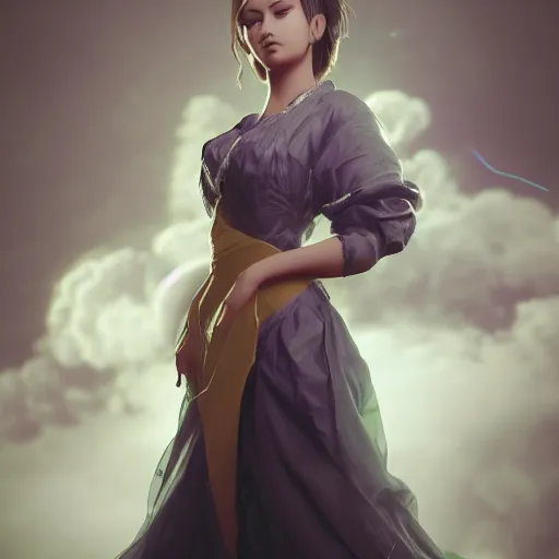 Image similar to beautiful girl in full gown blowing clouds, beautiful portrait, character concept style trending on artstation concept art detailed octane render cinematic photo - realistic 8 k high detailed