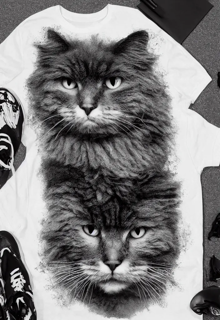 Prompt: fluffy cat with afro comb t - shirt design, by jules julien, dark grisaille monochrome neon spraypaint, ironic surrealism, hypebeast