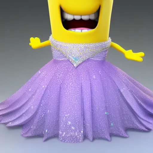 Image similar to Yellow minion from despicable me, wearing Princess Elsa dress from Frozen Disney, 3d ray tracing, HD, rendered, highly detailed model, centered, full body shot, wide angle lens